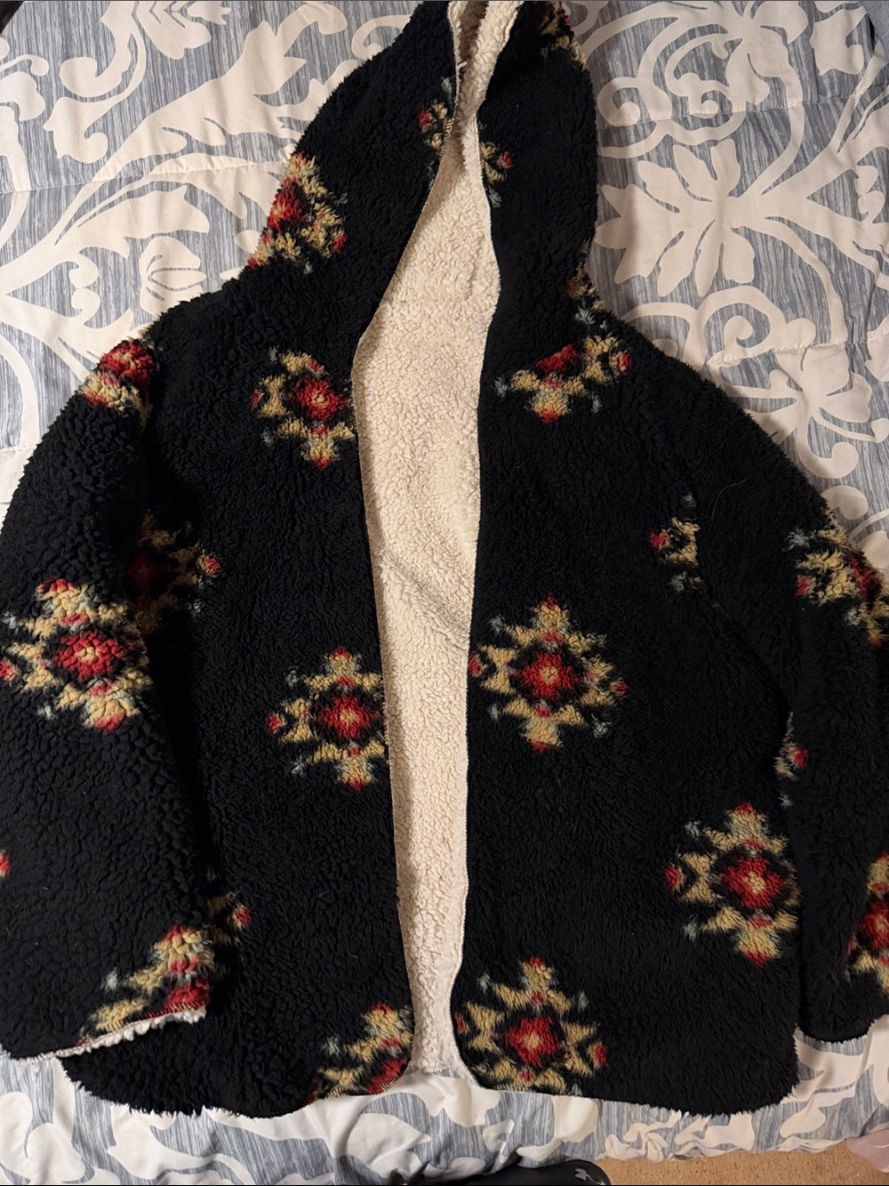 Black Floral Sherpa Hooded Jacket - Unbranded